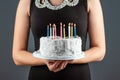 Cake with burning candles close-up. Happy birthday congratulation celebration party anniversary. Copy space Royalty Free Stock Photo