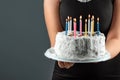 Cake with burning candles close-up. Happy birthday congratulation celebration party anniversary. Copy space Royalty Free Stock Photo