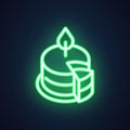 Cake with candle neon icon. Holiday and party symbol. Illuminated sign for advertisement, market, shop, store, cafe