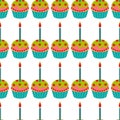 Cake with candle seamless pattern. Cake sweet dessert for holiday. Vector illustration Royalty Free Stock Photo