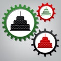 Cake with candle sign. Vector. Three connected gears with icons