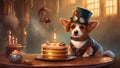 cake with candle A steampunk cute dog with party hat and birthday cake. The dog is a natural animal that is enhanced Royalty Free Stock Photo