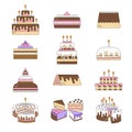 Cake with candle vector icons line set . Sweet dessert illustration. Happy birthday wedding party celebration Royalty Free Stock Photo