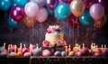 A Cake With Candles And Balloons, birthday party balloons colourful balloons background