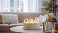 Cake with candles closeup isolated on living room home background. Birthday beautiful cake. Happy birth day holidays. Valentines