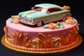 A cake with a car on it has a gold stripe on the top Vintage cakes and desserts AI generation