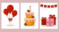 Set of birthday cards. Postcards collection with balloons, gifts, cake and garland flag. Happy birthday party. Royalty Free Stock Photo