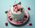 a cake with cherries and frosting on a pink plate