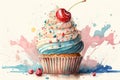 Cake with cherry, decorated sweet dessert cupcake colorful watercolor illustration.