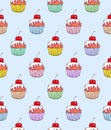 Cake cherry sweet on a blue background. Seamless pattern for design. Animation illustrations. Handwork Royalty Free Stock Photo