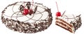 Cake with chocolate and chery fuits. Birthday pie with slice isolated on white bakcground.