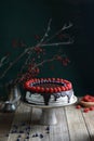 Cake with chocolate decorated with raspberries and blueberries on a wooden table. Rustic style