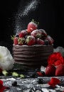 Cake with chocolate decorating with strawberry and raspberry