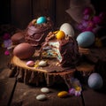 Cake with chocolate drip frosting and Easter eggs in a rustic setting Royalty Free Stock Photo