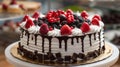 A cake with chocolate drippings and berries on a white plate, AI