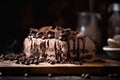 a cake with chocolate frosting and chocolate chips on a cutting board with coffee beans and a pitcher of coffee in the backgrou