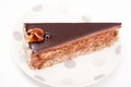 Cake with chocolate frosting, walnuts and caramel