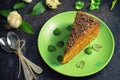 Cake with chocolate, honey and mint. Black background. Top view. Close-up