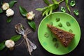 Cake with chocolate, honey and mint. Black background. Top view. Close-up