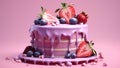Cake closeup illustrative isolated on pink background. Birthday beautiful cake with strawberry. Happy birth day holidays.