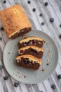 Cake with cocoa blueberries on elegant background