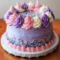 A cake with colorful cream and rainbow sugar.
