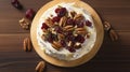 Cake with cream cheese, dried cranberries and pecan nuts on wooden table Generative AI