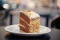 Cake with cream, food. Cake slice on white plate in paris, france, dessert. Temptation, appetite concept. Dessert, food Royalty Free Stock Photo