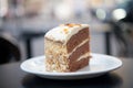 Cake with cream, food. Cake slice on white plate in paris, france, dessert. Temptation, appetite concept. Dessert, food, snack, pa Royalty Free Stock Photo