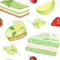 Cake with cream. Watercolor seamless pattern with mint cake and mini tartlet. Grapes and strawberries with a slice of