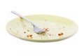 Cake crumbs and fork on yellow plate Royalty Free Stock Photo
