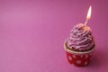 cake cupcake basket with a cap of cream pink lilac with a burned candle. Anniversary 1 year holiday birthday with space