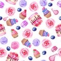 Cake, cupcake, macarons, blueberry seamless pattern with roses. Watercolor illustration on white background. Hand drawn Royalty Free Stock Photo