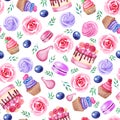 Cake, cupcake, macarons seamless pattern with roses and leaves. Watercolor illustration on white background. Hand drawn