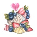 Cake, cupcakes with cream blueberries and strawberries, with a heart-shaped lollipop and meringues. Watercolor