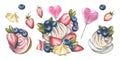 Cake, cupcakes with cream blueberries and strawberries, with a heart-shaped lollipop and meringues. Watercolor