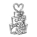 Cake Decorated Flowers And Heart On Top Ink Vector Royalty Free Stock Photo