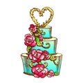 Cake Decorated Flowers And Heart On Top Ink Vector Royalty Free Stock Photo