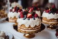 Cake decorated with fresh berries and whipped cream, selective focus, Sweet tasty cakes with berries and cream on dessert table at