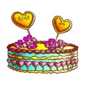Cake Decorated Hearts And Creamy Flower Ink Vector