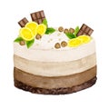 Cake decorated with lemons, chocolate, nuts and mint. Watercolor holiday clipart