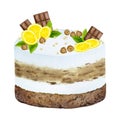 Cake decorated with lemons, chocolate, nuts and mint. Watercolor holiday clipart