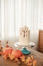 The cake is decorated with skulls and blood for Halloween. Kitchen is decorated for autumn