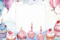 Cake decorating supply featuring cupcakes and balloons on a white frame Royalty Free Stock Photo