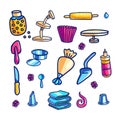 Cake decorating tools hand drawn color illustrations set