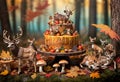 a cake with deer and other animals on it