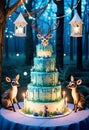 a cake with deers and a deer statue on top in the enchanted forest