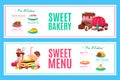 Cake dessert bakery pastry menu set, vector illustration. Cupcake collection food at cafe design shop, chocolate cream