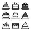 Cake dessert black line icons set. Sign kit of sweet food. Simple delicious black symbol. Sweet birthday cakes, Bakery Royalty Free Stock Photo