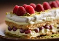 Cake dessert with pistachio cream and raspberry topping on plate.Macro.AI Generative